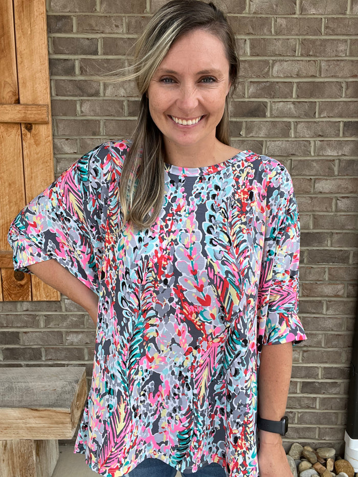 2660- Gray/Pink/Teal Mixed Print Wrinkle Free Dolman Sleeve Top