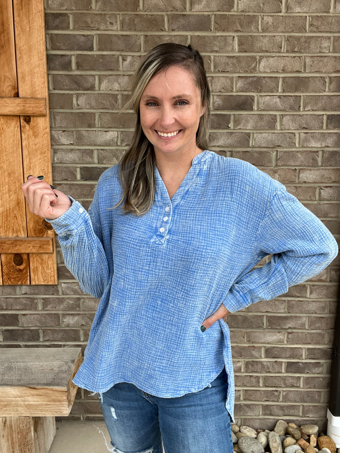 2656- Blue Mineral Wash High Low Long Sleeve Top