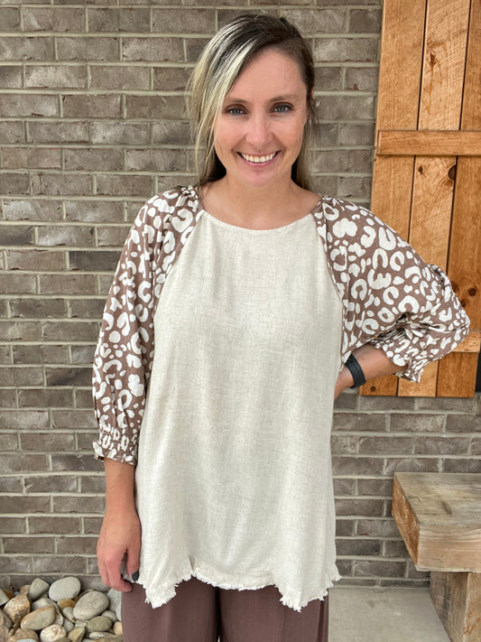 2666- Oatmeal Linen Top w/ 3/4 Length Leopard Print Sleeves