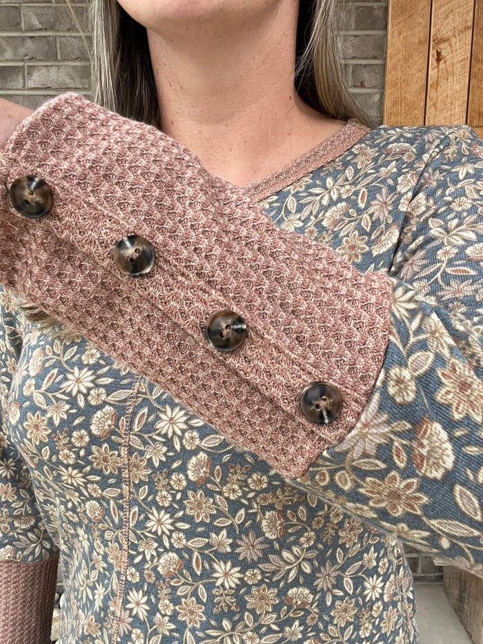 2674- Washed Navy & Brown Floral Long Sleeve Top