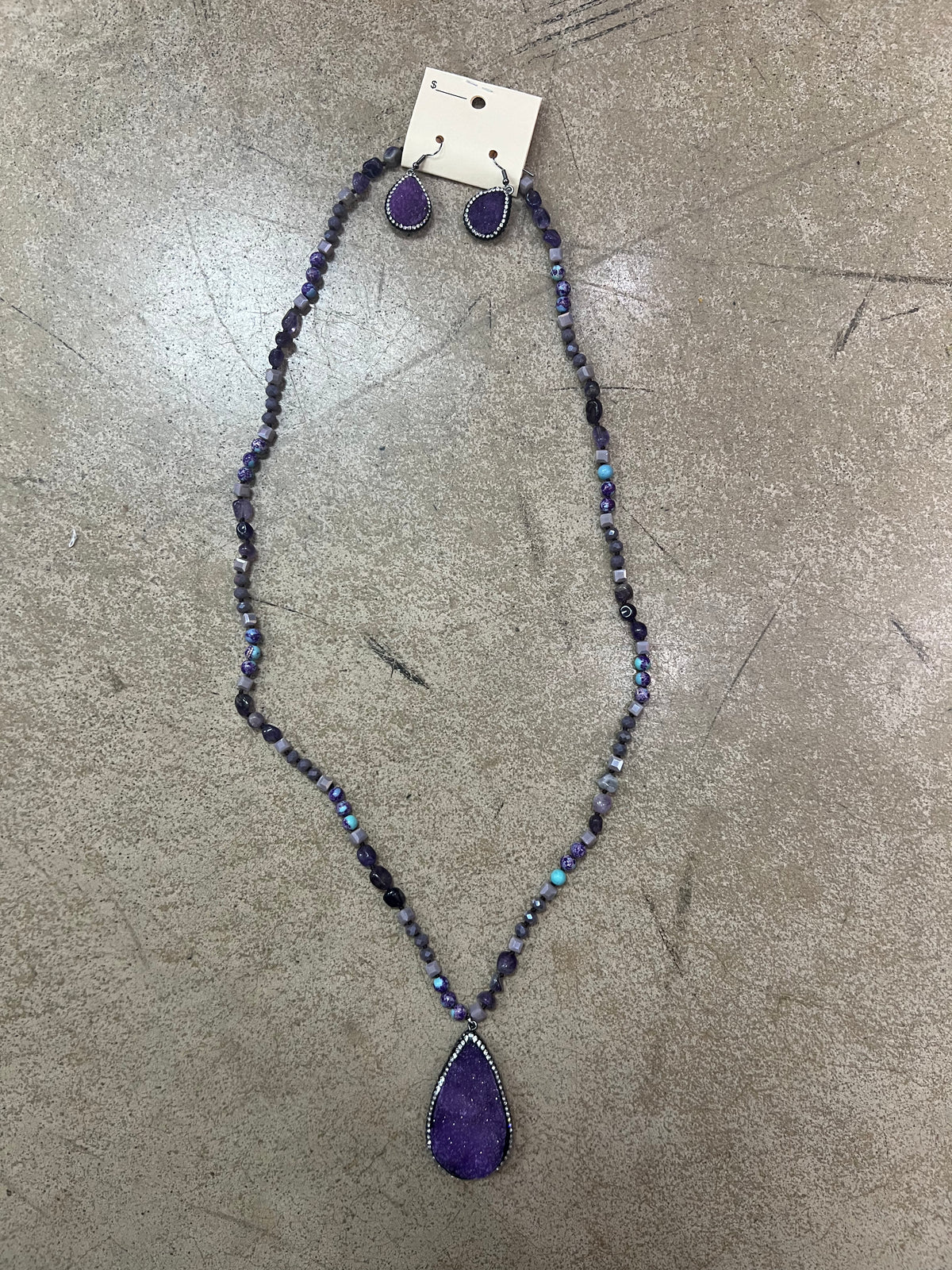 2686- Purple Stone Necklace w/ Matching Earrings