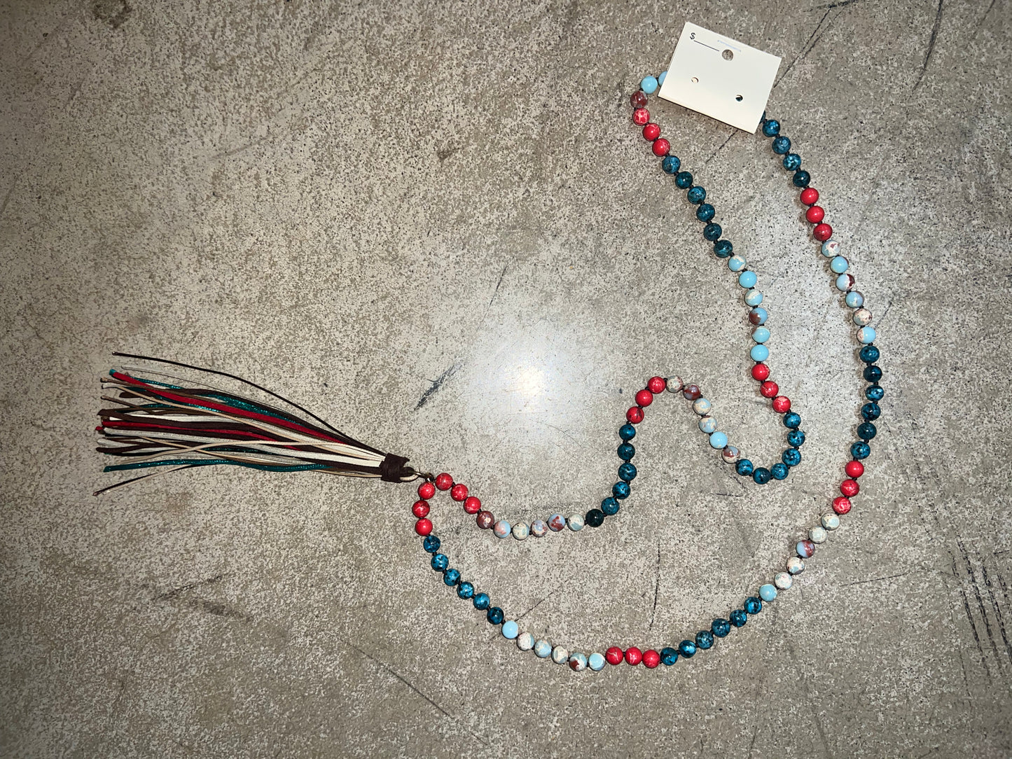 2683- Neutral w/ Red Beaded Necklace w/ Colorful Fringe