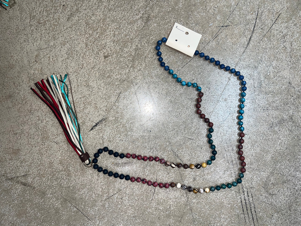 2682- Dark Neutral Beaded Necklace w/ Colorful Fringe