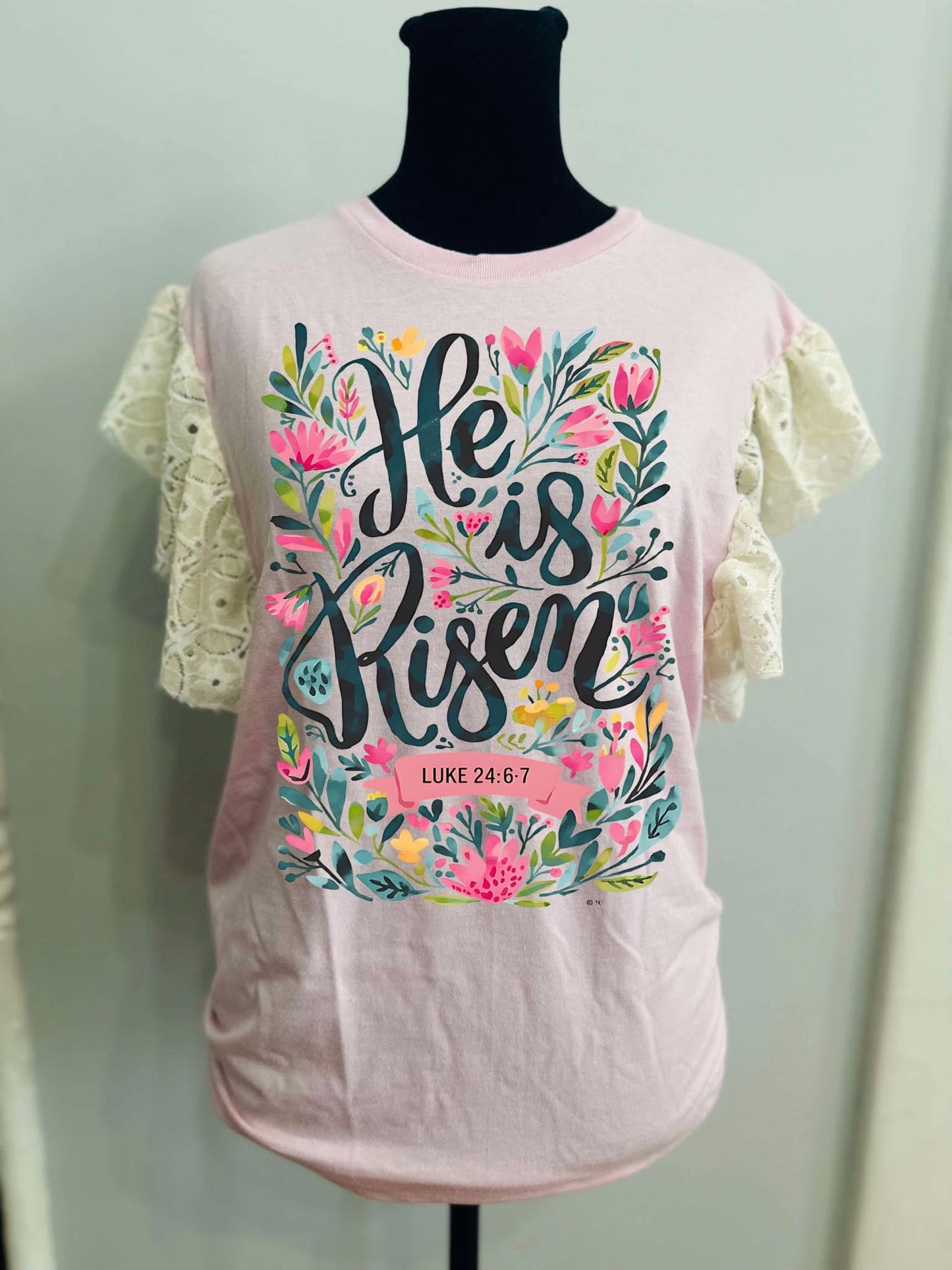 He Is Risen Graphic Tee w/ Lace Ruffle Sleeves *Preclaim— read description*