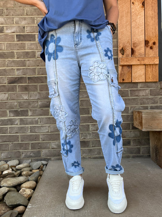 2636- Denim Daisy Patch Pants Cargo Pants