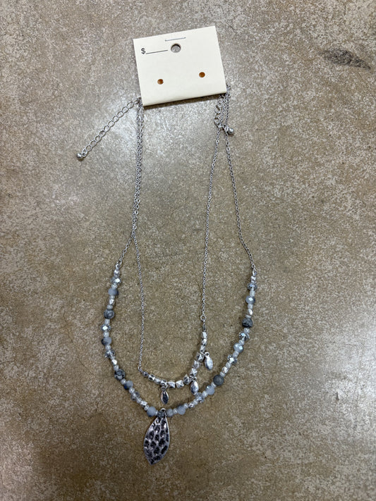 Titanium Stone Double Necklace w/ Silver Hammered Pendant