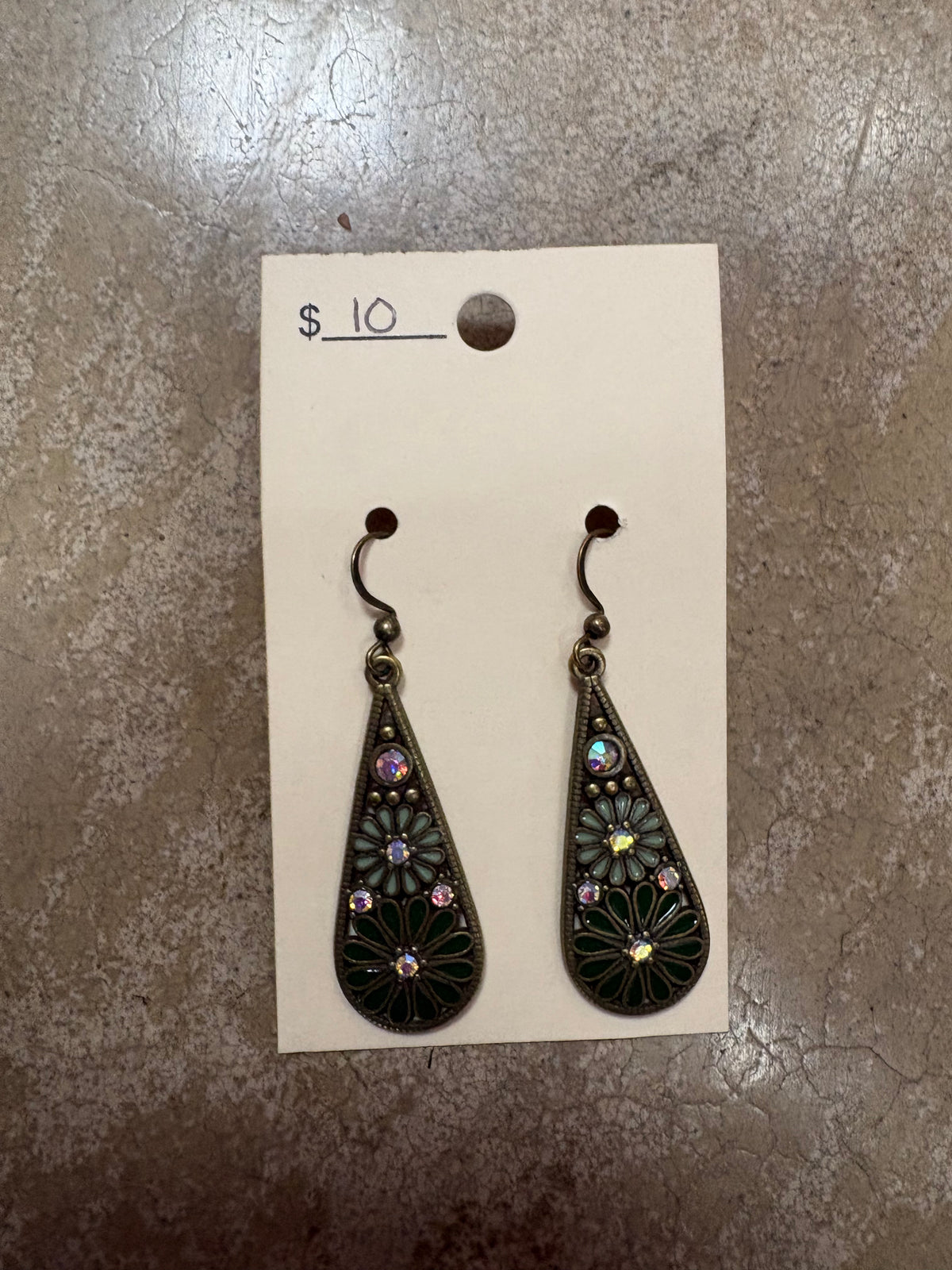 Green Vintage Floral Teardrop Earrings