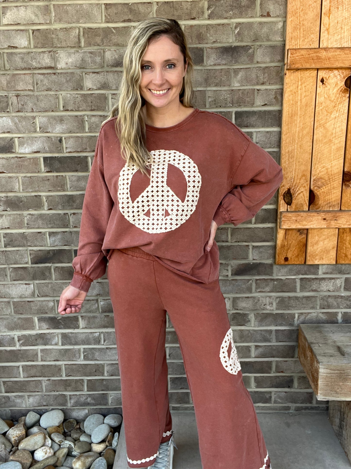 3340- Red Brown Peace Sign French Terry Set *TOP & BOTTOM*