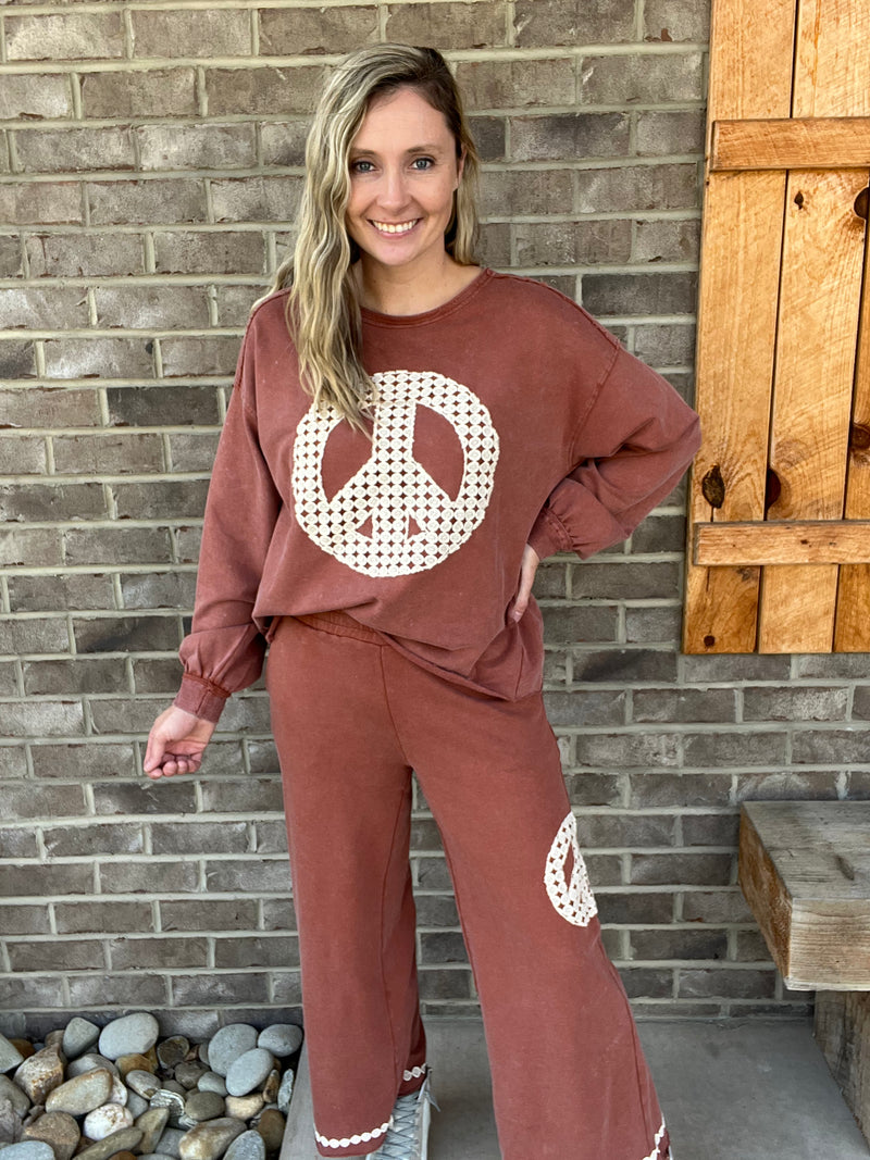 3340- Red Brown Peace Sign French Terry Set *TOP & BOTTOM*