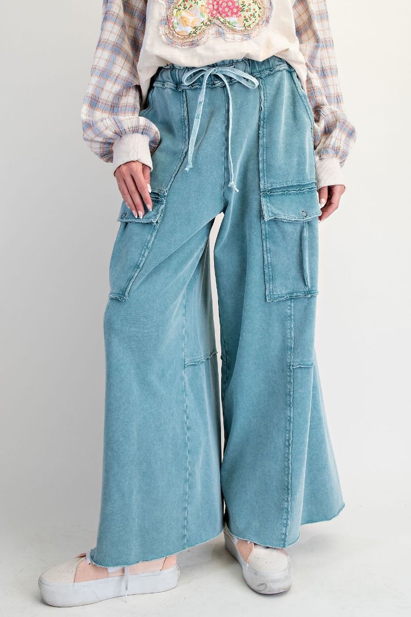 Faded Teal French Terry Pull On Cargo Pants by Easel *PRECLAIM-- read description-- JAN ARRIVAL