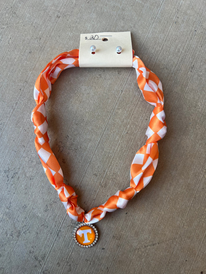 Orange nd White Gameday Silk Knotted Scarf Necklace