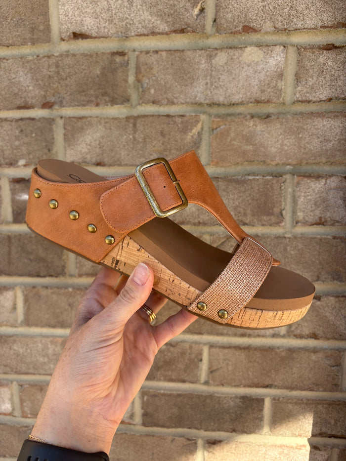 Top Secret Cognac Gold Combo Wedges by Corkys