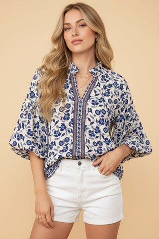 Heimish Navy Floral Ruffle Sleeve Top