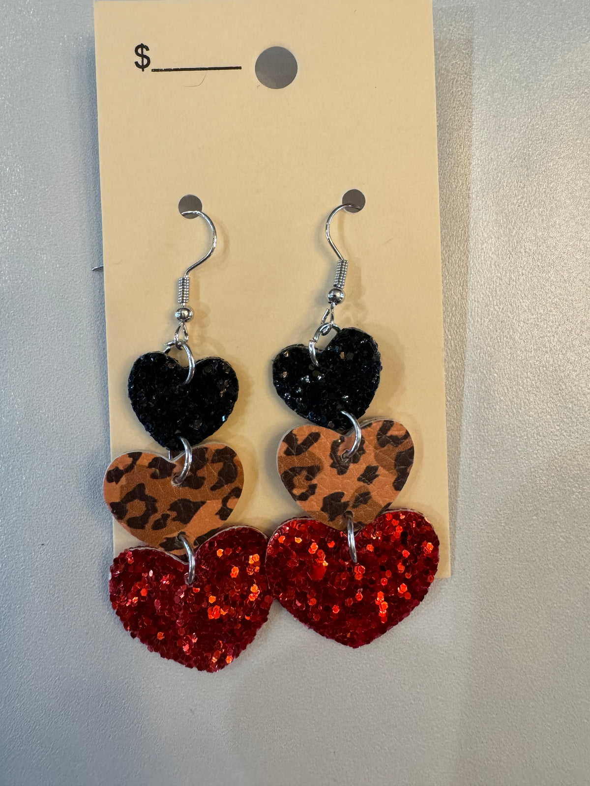 20380- Black, Leopard, Red Heart Earrings