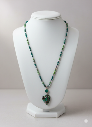 Green Beaded Necklace w/ Heart Pendant