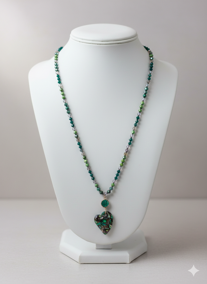 Green Beaded Necklace w/ Heart Pendant