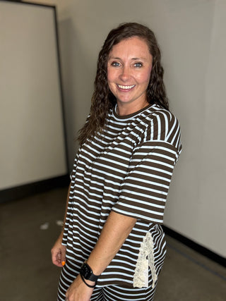 Half Sleeve Stripe Top With Side Lace Trim II | STYLIVE ATLANTA