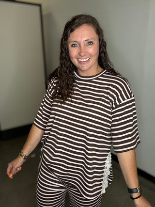 Half Sleeve Stripe Top With Side Lace Trim II | STYLIVE ATLANTA