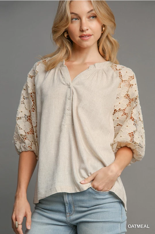 Oatmeal Linen Boxy Cut Split Neck Top with Floral Lace Sleeves by Umgee