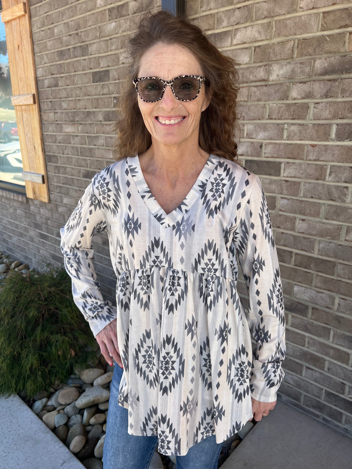 696- Gray Aztec Long Sleeve V-Neck Top