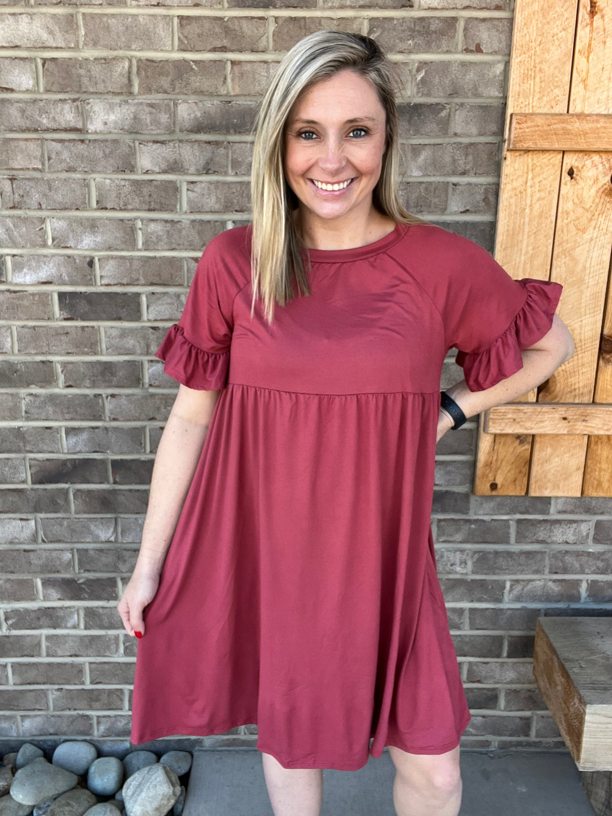 800- Marsala Baby Doll Dress w/ Ruffle Sleeves