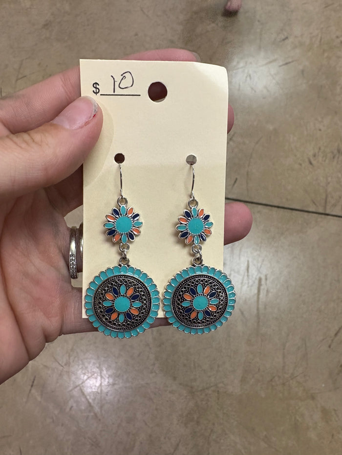 Turquoise & Orange Silver Earrings