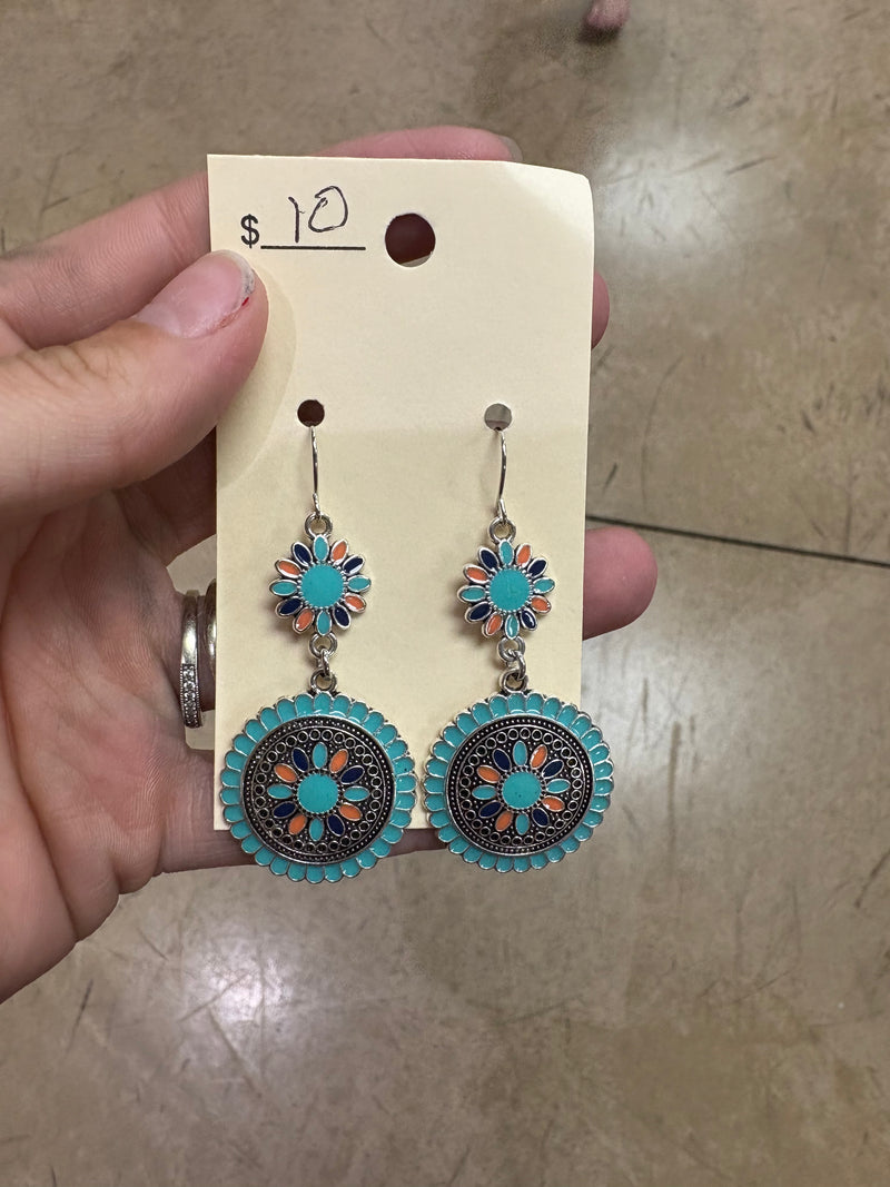 Turquoise & Orange Silver Earrings