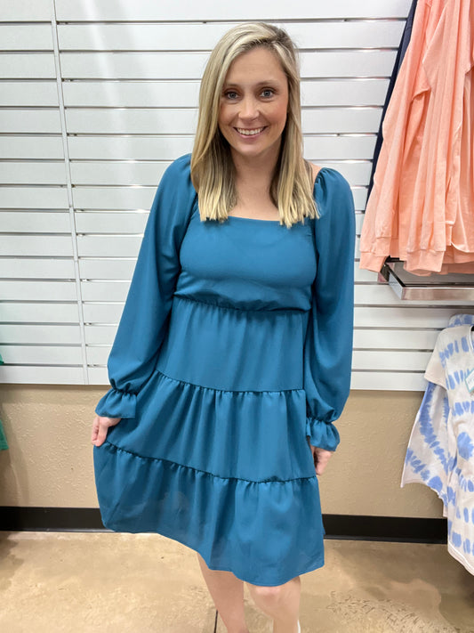 7246- Teal Puff Ruffle Sleeve Woven Dress