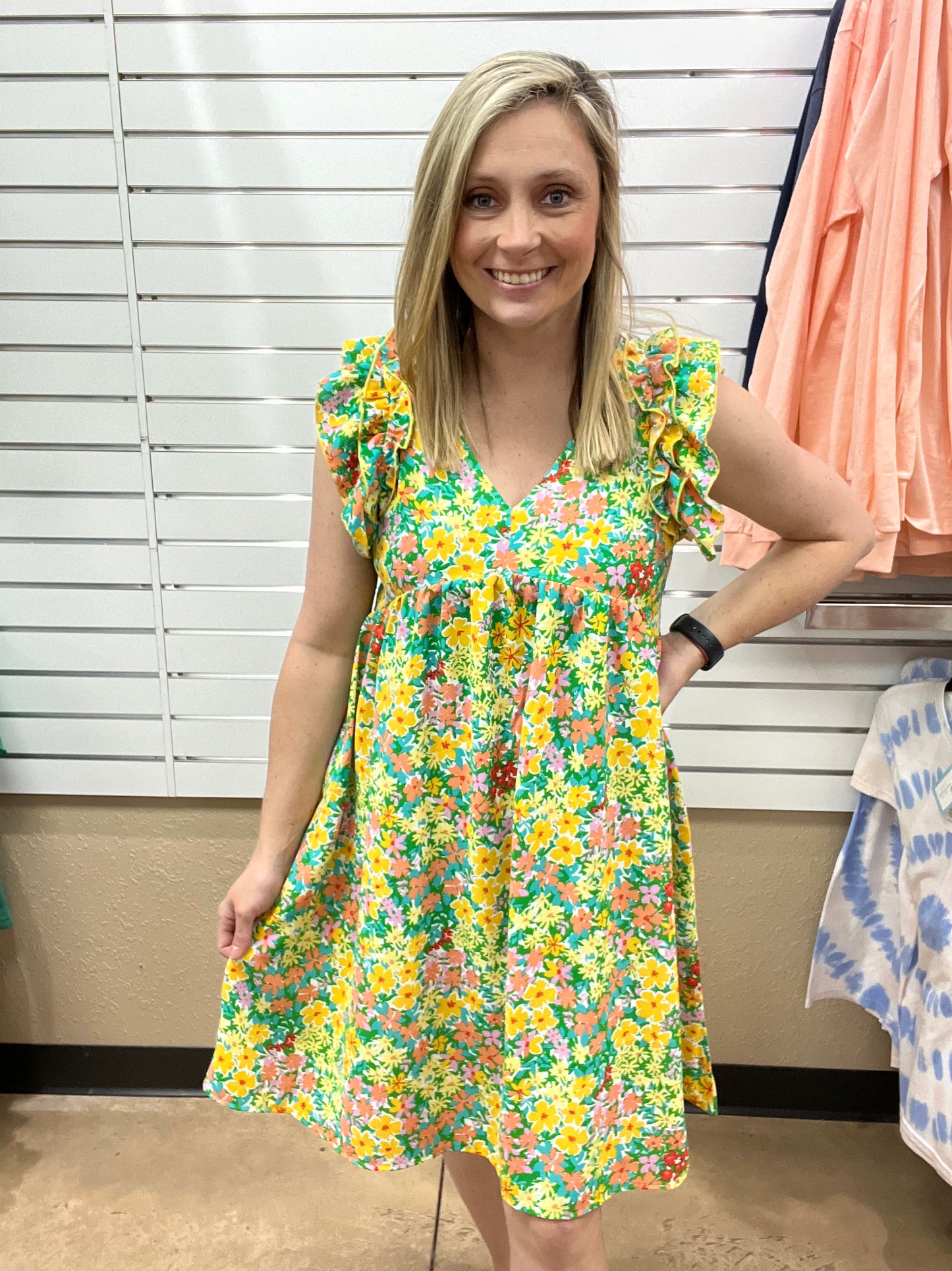 932- Green & Yellow Floral Print Tank Dress w/ Ruffles