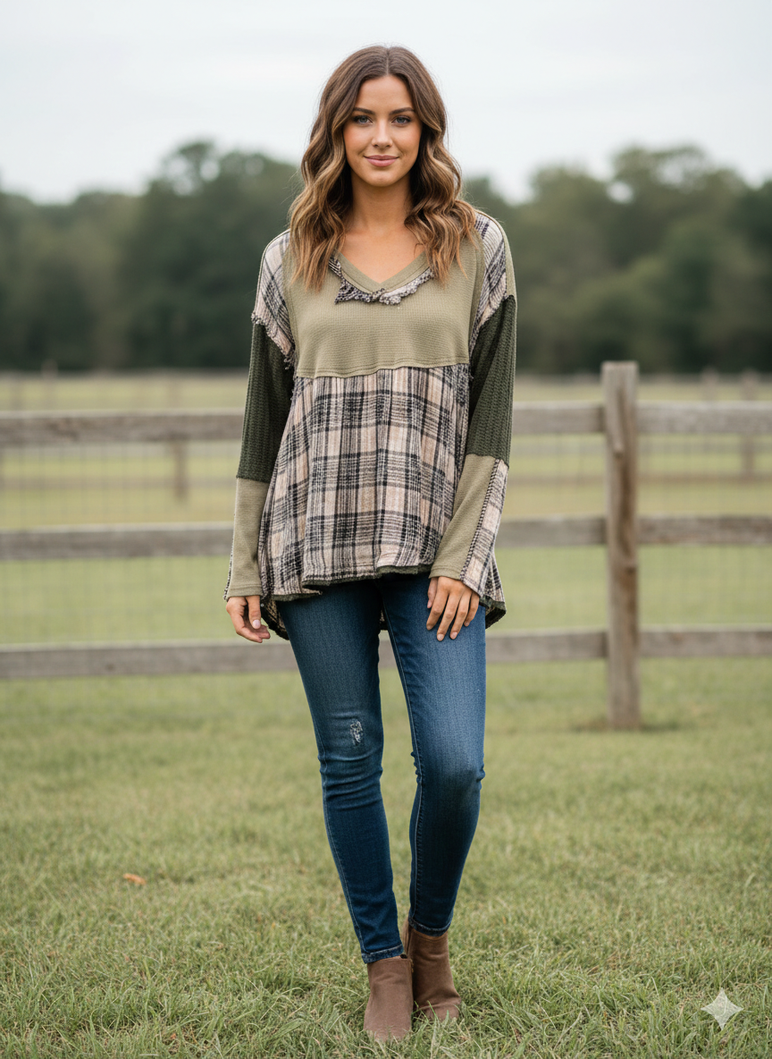 Olive Multi Raw Edge Overlay Top by POL