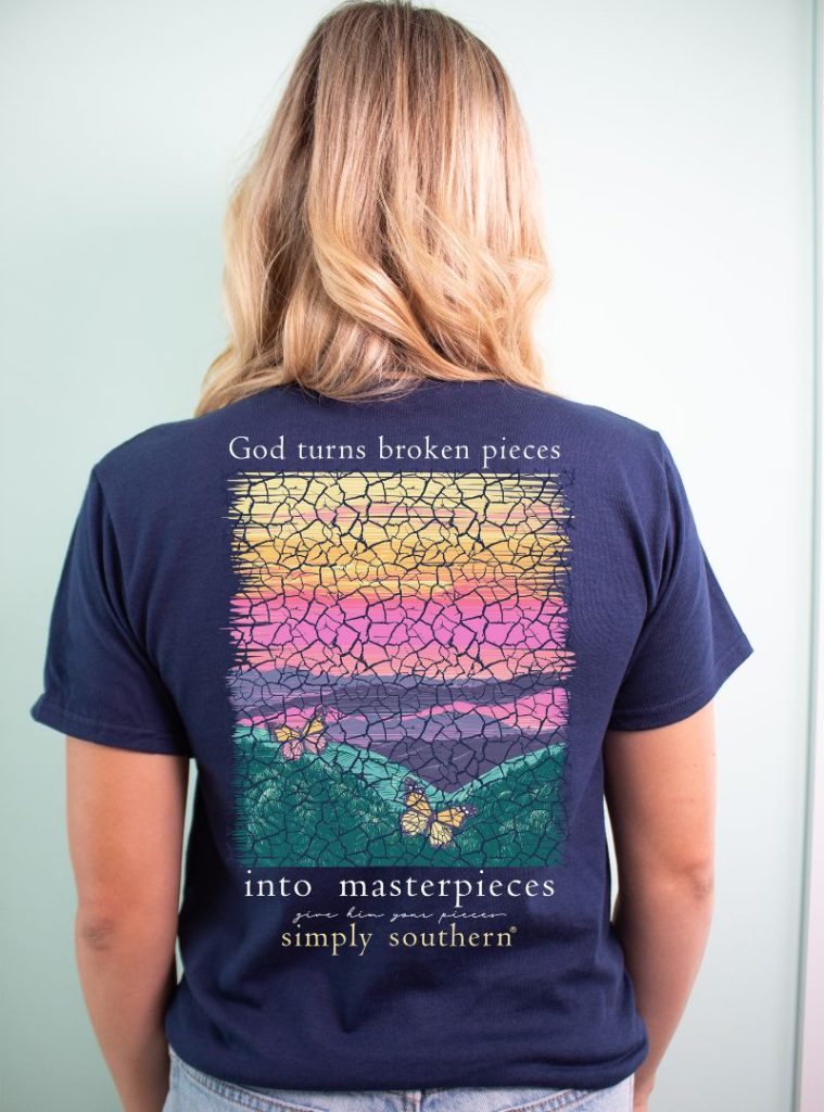 792- God Turns Broken Pieces Into Masterpieces Short Sleeve Simply Southern T-Shirt