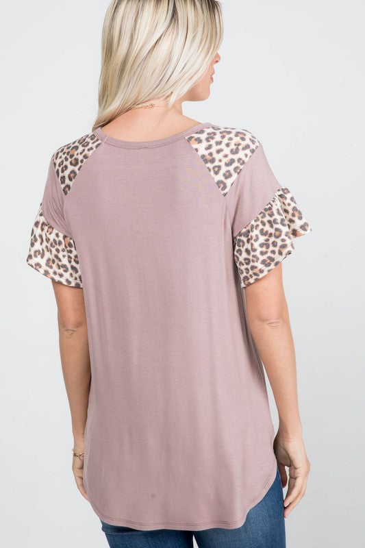 804- Mocha Animal Print Ruffle Short Sleeve Top