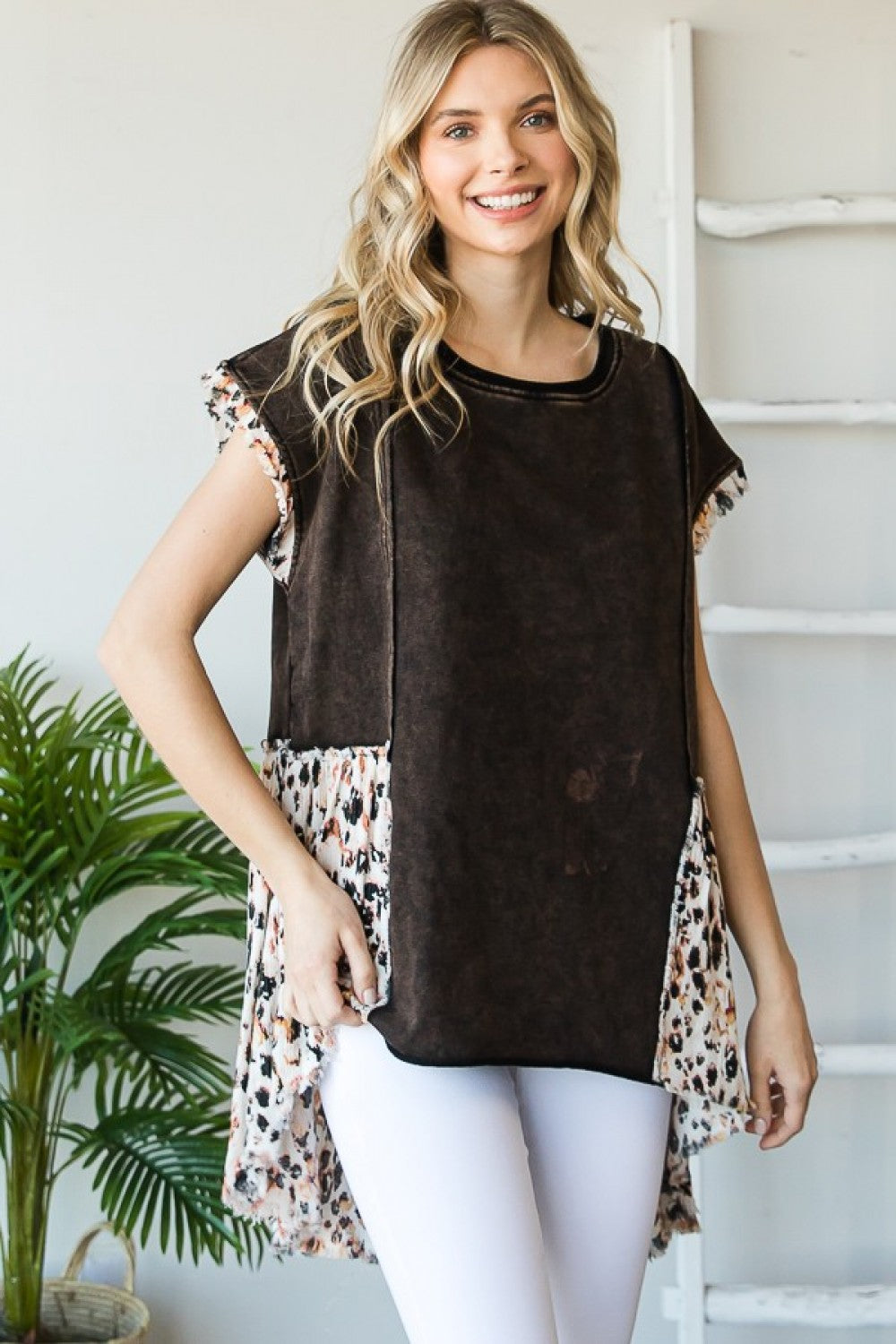 867- Black Drop Shoulder High Low Sleeve Tunic w/ Leopard Detail *OLI & HALI*