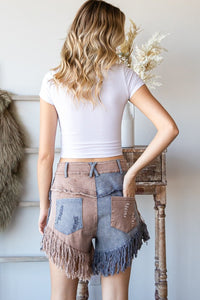 866- Mocha Mix Mineral Wash Fret Hem Shorts *OLI & HALI*