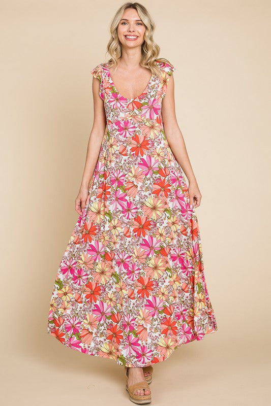 873- Ivory & Coral Floral Print Maxi Tank Dress