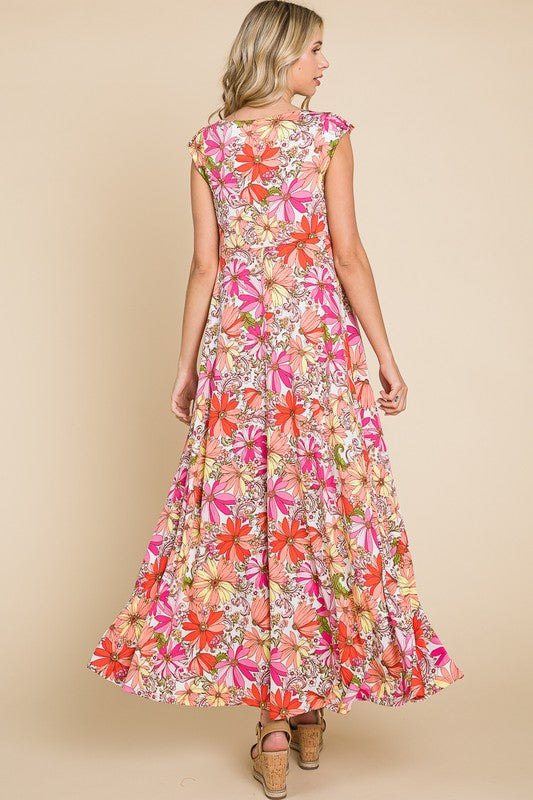 873- Ivory & Coral Floral Print Maxi Tank Dress