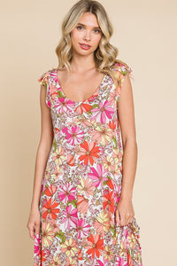 873- Ivory & Coral Floral Print Maxi Tank Dress