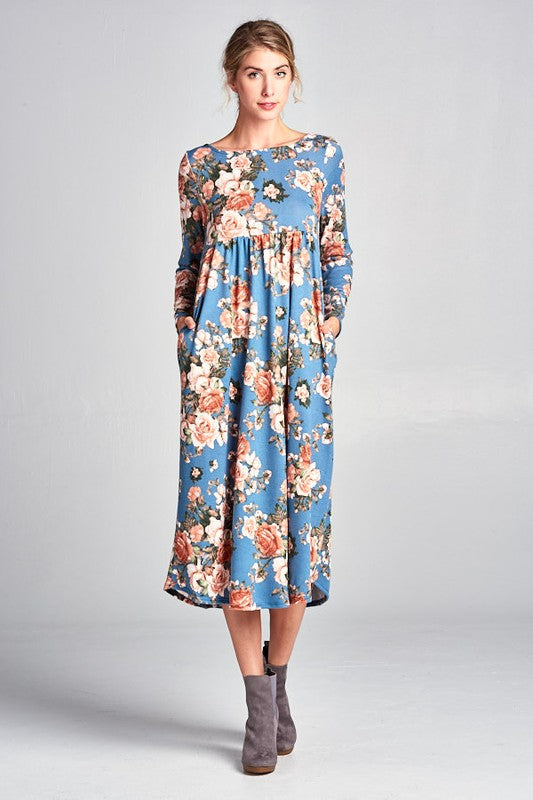 875- Blue Washed Floral Long Sleeve Mid Calf Dress w/ Pockets