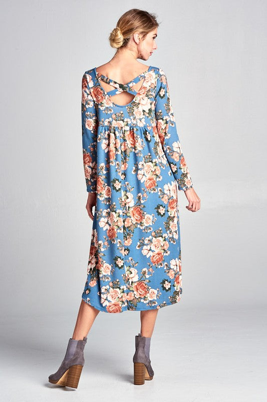 875- Blue Washed Floral Long Sleeve Mid Calf Dress w/ Pockets