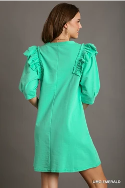 901- Emerald Round Neck French Terry Dress w/ Ruffle Sleeve Detail [UMGEE]