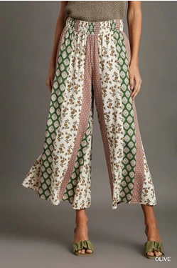 904- Olive & Mauve Mix Boho Print Elastic Waist Pants w/ Pockets [UMGEE]