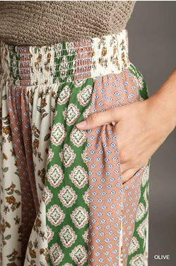 904- Olive & Mauve Mix Boho Print Elastic Waist Pants w/ Pockets [UMGEE]