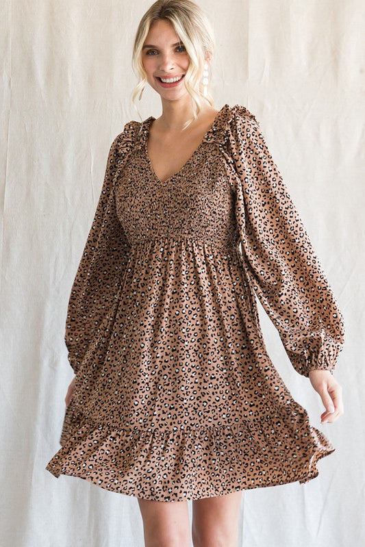 1073- Leopard Smocked Neck Long Sleeve Dress