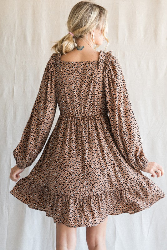 1073- Leopard Smocked Neck Long Sleeve Dress