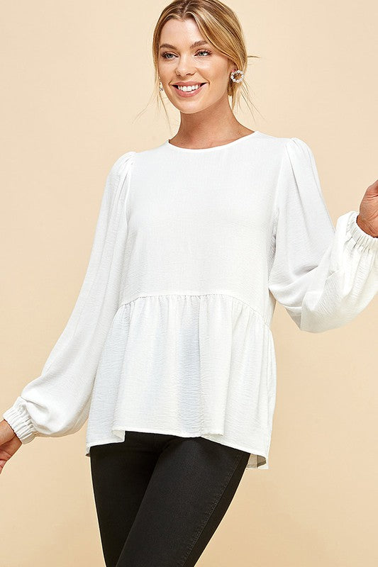 2283- Ivory Solid Ruffle Hem Babydoll Style Long Sleeve Blouse (Copy)