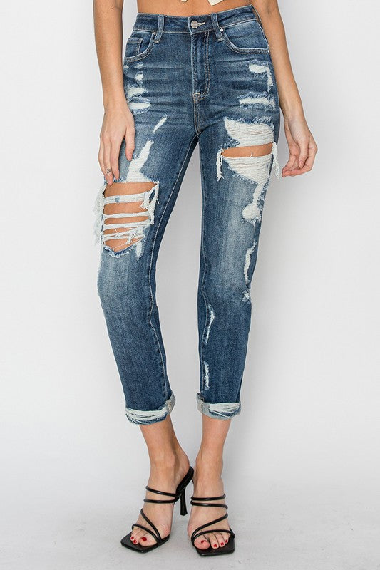 2287- Dark Wash High Rise Boyfriend Capris w/ Distressing