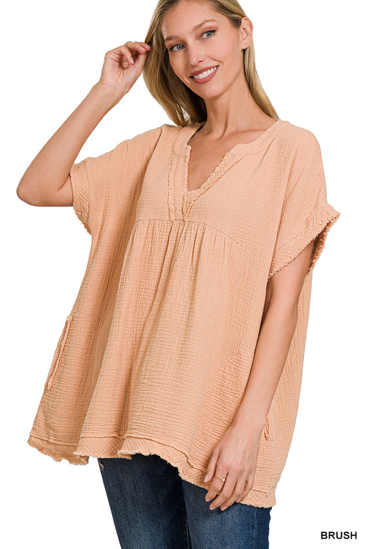 2337- Brush Gauze Oversized Short Sleeve Top