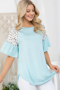 2597- Mint Blue Flutter Leopard Short Sleeve Top