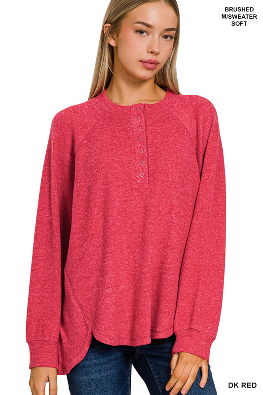 2874- Dark Red Brushed Melange Henley Long Sleeve Top