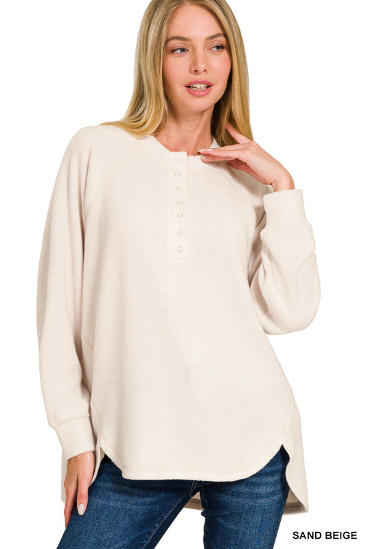 2875- Sand Beige Brushed Melange Henley Long Sleeve Top